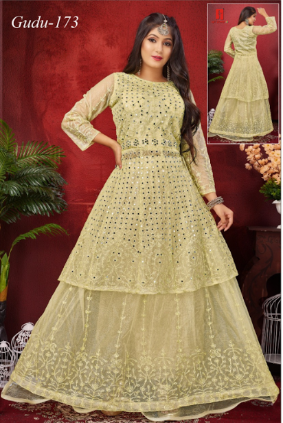 Elegant Mirror Work Layered Net Gown | 12 Pcs | Made In India