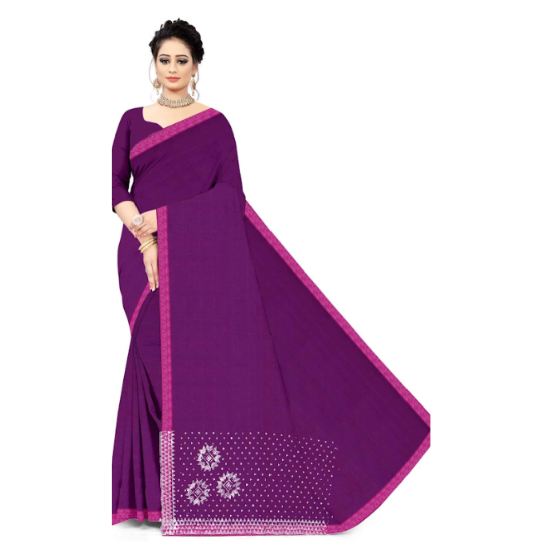Elegant Purple Cotton Blend Saree with Contrast Pink Border & Subtle Embroidery | 16 Pcs | Made In India