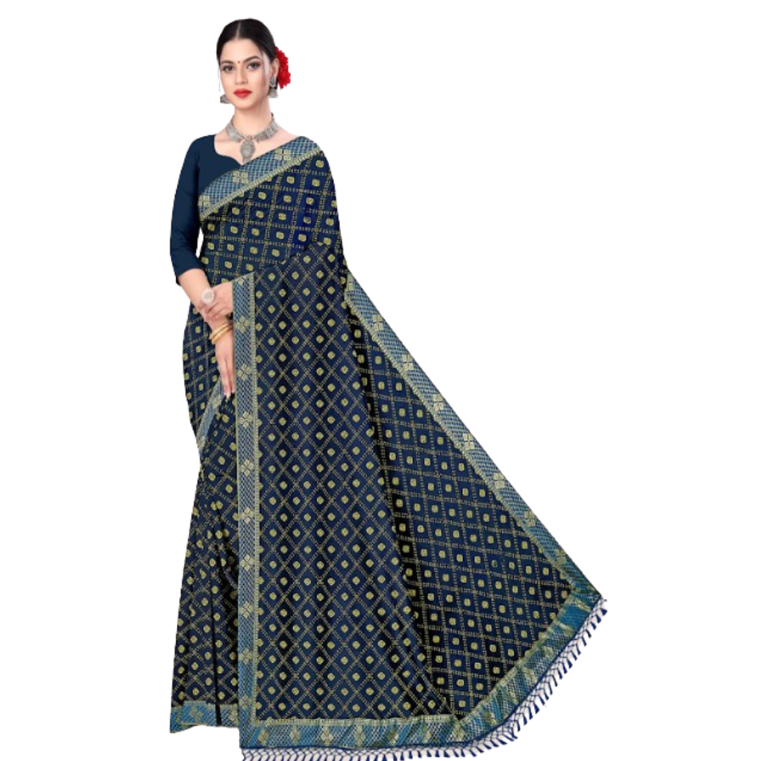 Navy Blue Printed Cotton Blend Saree with Contrast Border & Traditional Motifs | 16 Pcs | Made In India