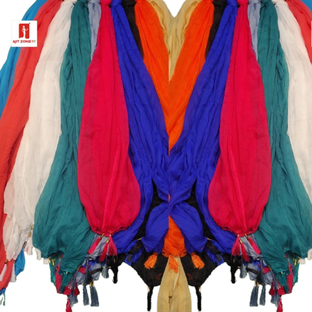 Silver Kivi Latkan Resam Dupatta (20 Pcs) – Multicolor Plain Solid Women’s Dupatta with Fancy Tassels – Soft Lightweight Fabric for Daily & Festive We